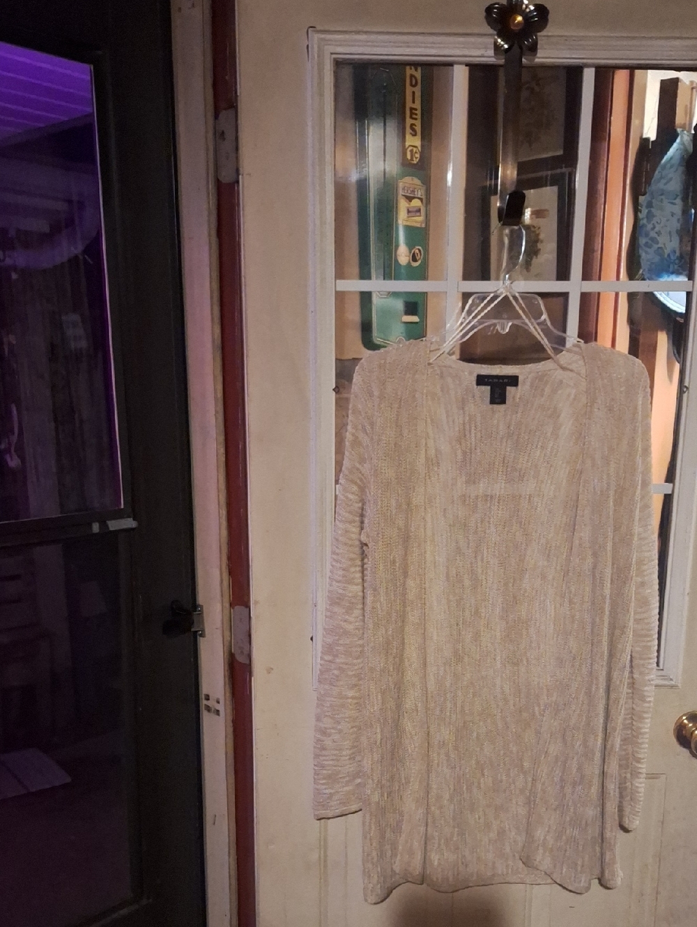 Light Beige Ribbed Knit Long Sleeve  Open Cardigan By Tahari